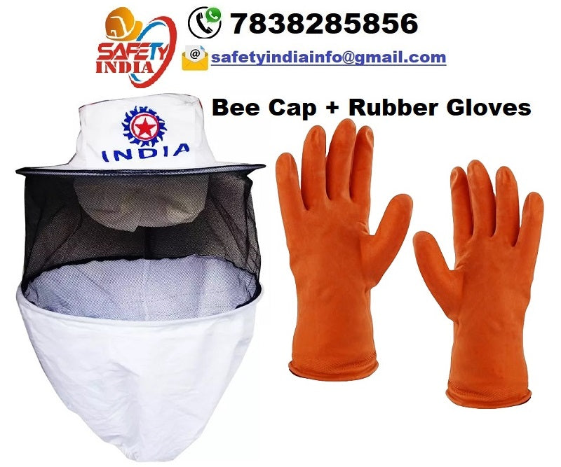 White Bee Veil with Rubber Gloves- Pack of 1 Set