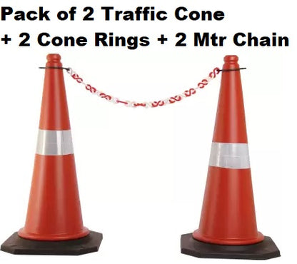 PVC Road Safety Traffic Cone with Chain and Black Rubber Base, Reflective Strips Collar- 750mm (Pack of 2)