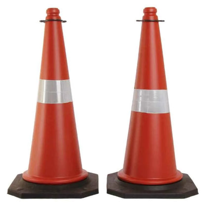 PVC Road Safety Traffic Cone with Chain and Black Rubber Base, Reflective Strips Collar- 750mm (Pack of 2)