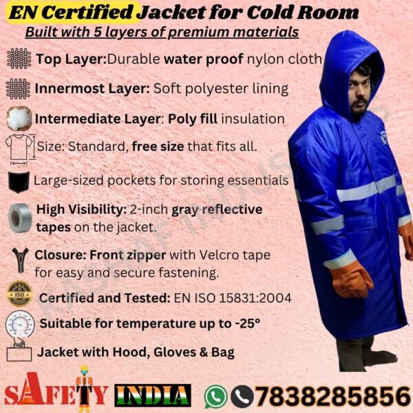 Cold Room Jacket with a hood, standing in a freezer room surrounded by frozen goods, showcasing the jacket's suitability for cold storage and freezer work