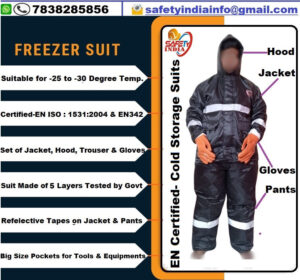 Cold Room Jacket in a cold storage warehouse, surrounded by frozen goods and icy conditions.