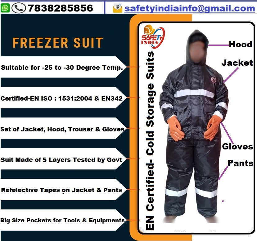 Cold Room Jacket in a cold storage warehouse, surrounded by frozen goods and icy conditions.