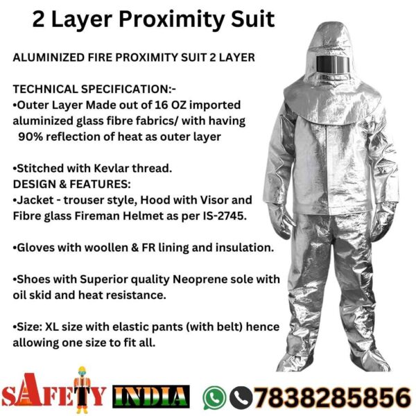 A complete fire proximity suit, also known as a fire suit, fire fighting suit, and proximity fire suit, displayed on a white background, featuring an aluminized fire suit, heat resistant gloves, fire safety shoes, a fireman helmet per IS-2745, fire resistant trouser, and storage bag, crafted by Safety India- Safety Shop for heat protection 2-layer firefighting -1