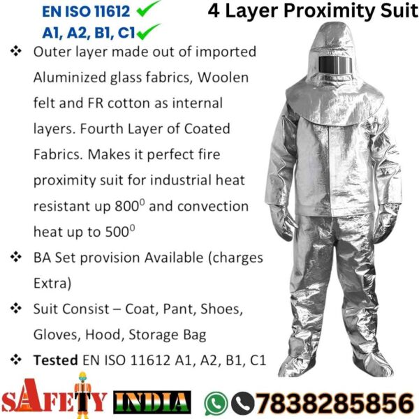 A premium proximity suit, also known as a proximity fire suit and aluminised fire suit, displayed on a white background, featuring a fire proximity jacket, fire resistant trouser, heat resistant gloves, fire safety shoes, fire proximity hood, fiberglass fireman helmet per IS-2745, and storage bag, crafted by Safety India- Safety Shop, tested to EN ISO 11612 (A1, A2, B1, C1) for heat protection up to 800°C radiant and 500°C convection 2