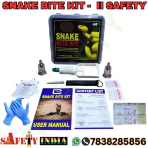 A compact snake bite first aid kit displayed on a white background, featuring a snake bite lancet, bandages, antiseptic wipes, and other essential medical supplies for treating snake and reptile bites, neatly organized in a portable case.