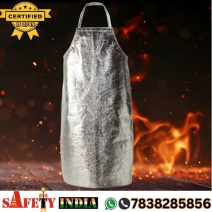 Premium heat resistant apron, also known as heat proof apron, aluminised apron, and aluminized apron, displayed on a white background, featuring a 24*36-inch 2-layer design with aluminised cloth, crafted by Safety India- Safety Shop as a heat protection apron for cooking and high-temperature industrial use.