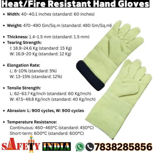 Premium heat resistant safety gloves, also known as heat proof gloves, gloves for heat resistant, and gloves that heat, displayed on a white background, featuring Kevlar knit, composite filament fiber, wool linings, and Kevlar stitching, crafted by Safety India- Safety Shop as heat protection gloves resistant from 400 to 500°C for welding and industrial use.