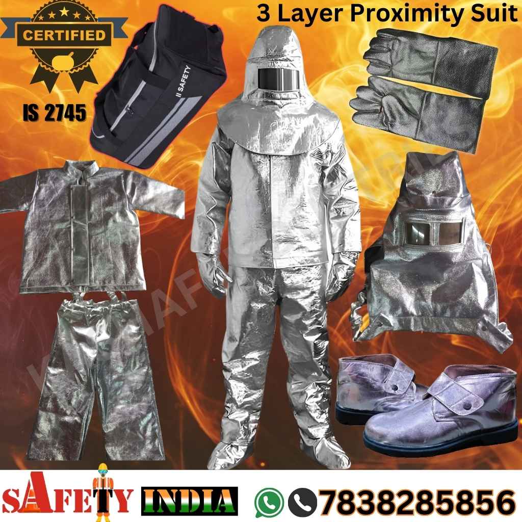 A premium proximity fire suit, also known as an aluminised fire suit and fire fighting suit, displayed on a white background, featuring a fire proximity jacket, fire resistant trouser, heat resistant gloves, fire safety shoes, fire proximity hood, fiberglass fireman helmet per IS-2745, and storage bag, crafted by Safety India- Safety Shop for 3-layer heat protection.