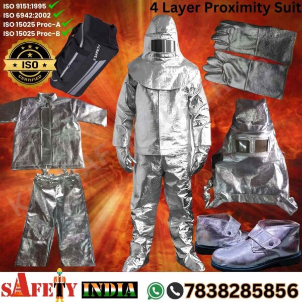 A premium proximity suit, also known as a proximity fire suit and aluminised fire suit, displayed on a white background, featuring a fire proximity jacket, fire resistant trouser, heat resistant gloves, fire safety shoes, fire proximity hood with visor and inbuilt fiber helmet, fiberglass fireman helmet per IS-2745, and storage bag, crafted by Safety India- Safety Shop, tested to EN ISO 9151: 1995, ISO 6942:2002, ISO 15025 Proc-A & B for heat protection up to 1000°C radiant.