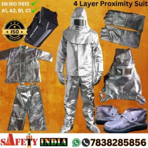 A premium proximity suit, also known as a proximity fire suit and aluminised fire suit, displayed on a white background, featuring a fire proximity jacket, fire resistant trouser, heat resistant gloves, fire safety shoes, fire proximity hood, fiberglass fireman helmet per IS-2745, and storage bag, crafted by Safety India- Safety Shop, tested to EN ISO 11612 (A1, A2, B1, C1) for heat protection up to 800°C radiant and 500°C convection.