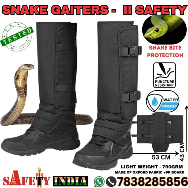 Durable, waterproof snake guards and snake gaiters for hiking, displayed on a white background, featuring sleek, black leg gaiters with adjustable straps and reinforced snake bite protection, designed for outdoor use and safety.