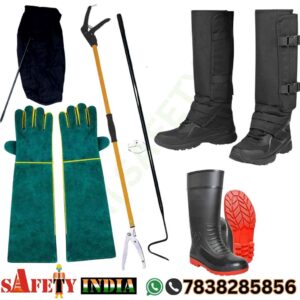 Professional-grade snake rescue kit featuring a stainless steel snake catcher, snake hook, protective gloves, heavy-duty gaiters, bite lancet, snake first aid kit, and reinforced snake bag displayed on a rugged outdoor surface.