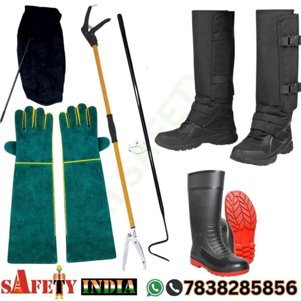 Professional-grade snake rescue kit featuring a stainless steel snake catcher, snake hook, protective gloves, heavy-duty gaiters, bite lancet, snake first aid kit, and reinforced snake bag displayed on a rugged outdoor surface.