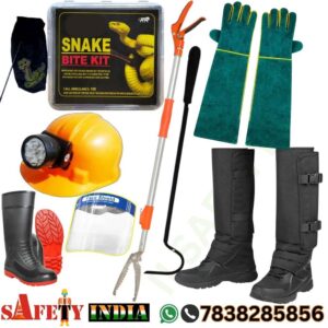 A comprehensive snake rescue kit displayed on a white background, featuring a snake catching stick, snake hook stick, durable green snake catching gloves, protective snake gaiters, a snake bite lancet, a snake bite first aid kit, and a sturdy snake catching bag, all arranged neatly for easy identification and use.