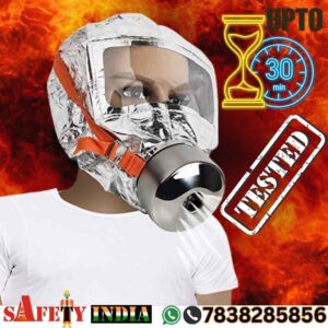 Premium fire escape mask, also known as fire escape hood, fire evacuation mask, smoke hood mask, and fire escape respirator, displayed on a white background, featuring flame-retardant aluminum foil, aluminized layer, visor, and air-tight design, crafted by Safety India- Safety Shop as a smoke mask for fire with low breathing resistance.