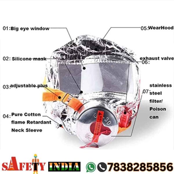 Premium fire escape mask, also known as fire escape hood, fire evacuation mask, smoke hood mask, and fire escape respirator, displayed on a white background, featuring flame-retardant aluminum foil, aluminized layer, visor, and air-tight design, crafted by Safety India- Safety Shop as a smoke mask for fire with low breathing resistance.