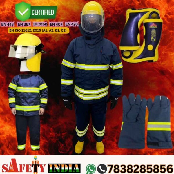 Fire Fighting Suits -A premium EN certified fire fighting suit, also known as a fire protection suit, firefighter suit, and fireproof suit, displayed on a white background, featuring fire fighting clothing, a fire fighting helmet per EN 443, fire fighting hand gloves per EN 407 & EN 420, fire fighting gumboots per EN 20345, and storage bag, crafted by Safety India- Safety Shop for fire man suit safety.