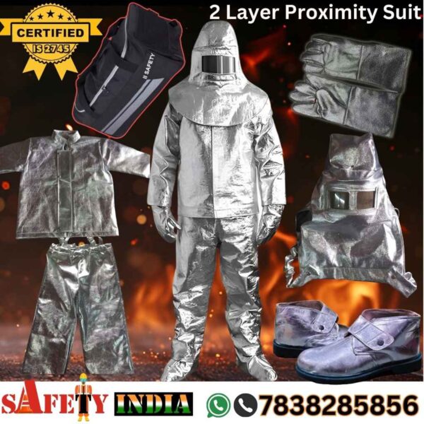 A complete fire proximity suit, also known as a fire suit, fire fighting suit, and proximity fire suit, displayed on a white background, featuring an aluminized fire suit, heat resistant gloves, fire safety shoes, a fireman helmet per IS-2745, fire resistant trouser, and storage bag, crafted by Safety India- Safety Shop for heat protection 2-layer firefighting.