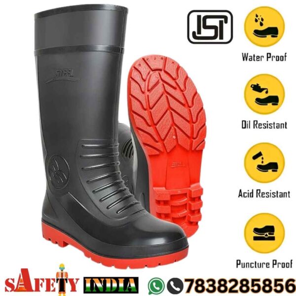 Durable, waterproof gumboots in black and green displayed on a white background, featuring sturdy rubber and PVC construction, available in men’s and women’s sizes, designed for safety and agriculture with slip-resistant soles and protective height.