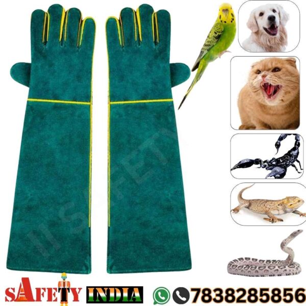 Durable, long green bite-proof gloves displayed on a white background, designed for snake catching, animal handling, and cat handling, featuring reinforced material for protection against bites and scratches, extending up the forearm for added safety.