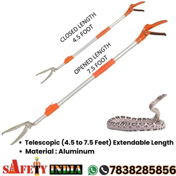 A sturdy, lightweight snake catching stick displayed on a white background, featuring a long, telescopic pole with a secure gripping mechanism, designed for safely catching, handling, and rescuing snakes without direct contact.