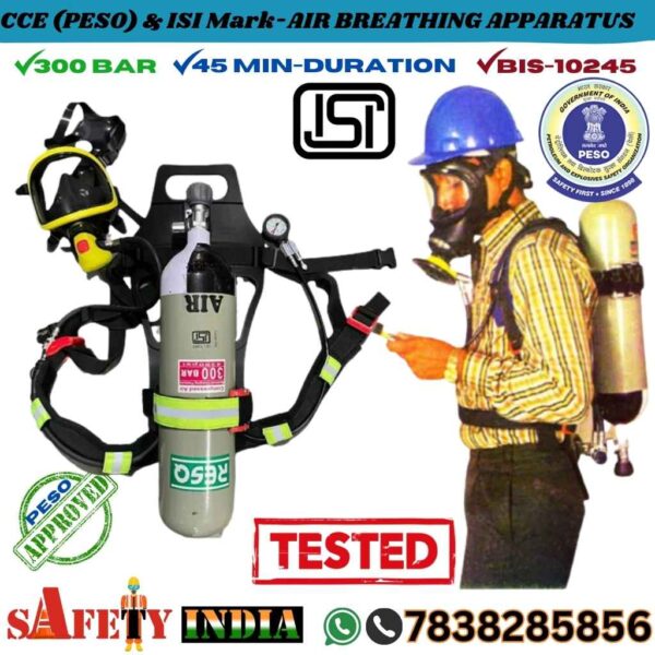 A premium breathing apparatus SCBA, also known as a SCBA self contained breathing apparatus and 300 bar SCBA cylinder, displayed on a white background, featuring a steel SCBA cylinder, full vision face mask, demand valve, nylon back plate, and red carry bag, crafted by Safety India- Safety Shop, certified to CCE (PESO) & ISI Mark for 45-minute respiratory protection.