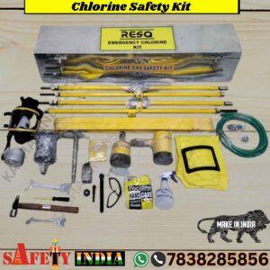 A premium chlorine safety kit, also known as a chlorine gas safety kit, chlorine emergency kit, and chlorine leak arresting kit, displayed on a white background, featuring a GI sheet box, 96-inch chain, rubber gasket, and 38 elements, crafted by Safety India- Safety Shop for industrial chlorine leakage control.