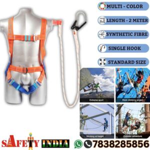 ISI Marked Half Body Safety Belt by Safety India- Safety Shop featuring a single hook, multi-color synthetic fiber design, and 2-meter length for fall protection and height safety.