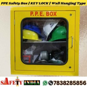 A premium PPE box, also known as a PPE storage box, PPE storage containers, and PPE kit box, displayed on a white background, featuring robust FRP construction, vibrant yellow color, secure key lock, and wall-hanging design, crafted by Safety India- Safety Shop for storing helmets, gloves, goggles, and fire escape masks.