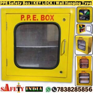 PPE box, also known as a PPE storage box, PPE storage containers, and PPE kit box, displayed on a white background, featuring robust FRP construction, vibrant yellow color, secure key lock, and wall-hanging design, crafted by Safety India- Safety Shop for storing helmets, gloves, goggles, and fire escape masks.