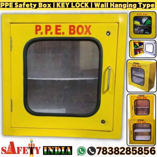 PPE box, also known as a PPE storage box, PPE storage containers, and PPE kit box, displayed on a white background, featuring robust FRP construction, vibrant yellow color, secure key lock, and wall-hanging design, crafted by Safety India- Safety Shop for storing helmets, gloves, goggles, and fire escape masks.