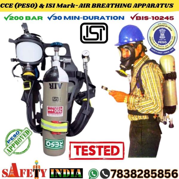 A premium SCBA self contained breathing apparatus, also known as a breathing apparatus SCBA and 200 bar SCBA cylinder, displayed on a white background, featuring a steel SCBA cylinder, full vision face mask, demand valve, nylon back plate, and red carry bag, crafted by Safety India- Safety Shop, certified to CCE (PESO) & ISI Mark for 30-minute respiratory protection.