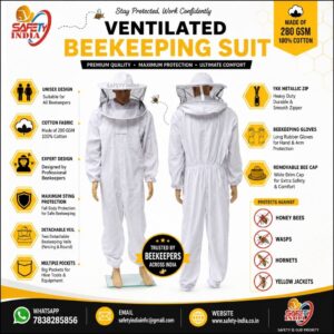 Safety India Ventilated Beekeeping Suit with Detachable Veil, Rubber Gloves & 280 GSM Cotton Honey Bee Protection Dress for Professional Beekeepers with Pan India Delivery