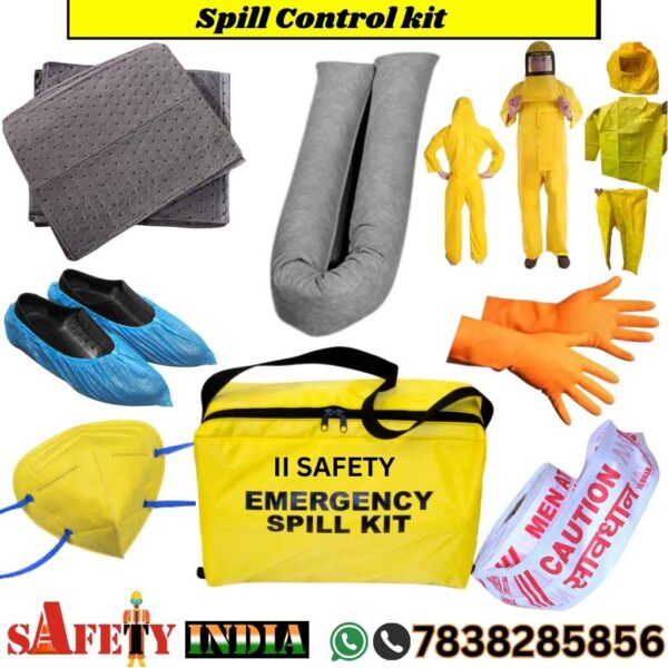 A premium spill kit, also known as a chemical spill kit, oil spill kit, and spill kit for hospital, displayed on a white background, featuring absorbent pads, absorbent socks, chemical protection suit, hand protection gloves, nose mask, carry bag, caution tape, and instruction sheet, crafted by Safety India- Safety Shop as a spill control kit for hazardous spills.