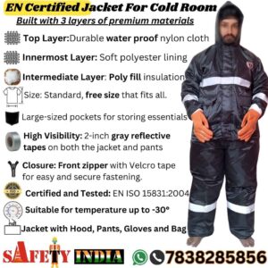 A premium cold storage suit, also known as a cold room jacket and freezer jacket, displayed on a white background, featuring a waterproof nylon jacket, freezer pants with hood, gloves, reflective gray tapes, and storage bag, crafted by Safety India- Safety Shop for -25 to -35°C protection in cold storage and freezer work.