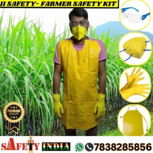 A premium farmer safety kit, also known as a farmer kit and farmer suit, displayed on a white background, featuring a durable apron, gloves, certified mask, and safety goggles, crafted by Safety India- Safety Shop as personal protective equipment for farmers for chemical, dust, and debris protection.