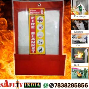 A premium fire blanket, also known as a fireproof blanket, blanket on fire, and blanket for fire, displayed on a white background, featuring high-quality fiberglass material, plain weave style, 0.45 mm / 0.8 mm thickness, and flat pack pouch, crafted by Safety India- Safety Shop for fire fighting and emergency use.