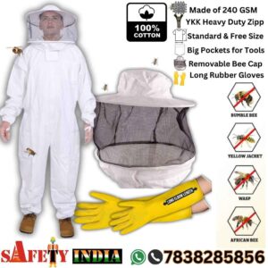 A premium honey bee protection suit, also known as a beekeeping suit, honey bee suit, and suit for bees, displayed on a white background, featuring 100% cotton 240 GSM fabric, removable hood, heavy-duty YKK zippers, elastic at ankles and wrists, and three pockets, crafted by Safety India- Safety Shop as a beekeeping dress for bee protection.