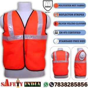 Orange reflective safety jacket by Safety India - Safety Shop, featuring high visibility reflective strips, EN 471 certified, standard free size, ideal for construction safety jackets and hi vis vests."