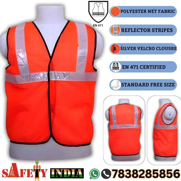 Orange reflective safety jacket by Safety India - Safety Shop, featuring high visibility reflective strips, EN 471 certified, standard free size, ideal for construction safety jackets and hi vis vests."