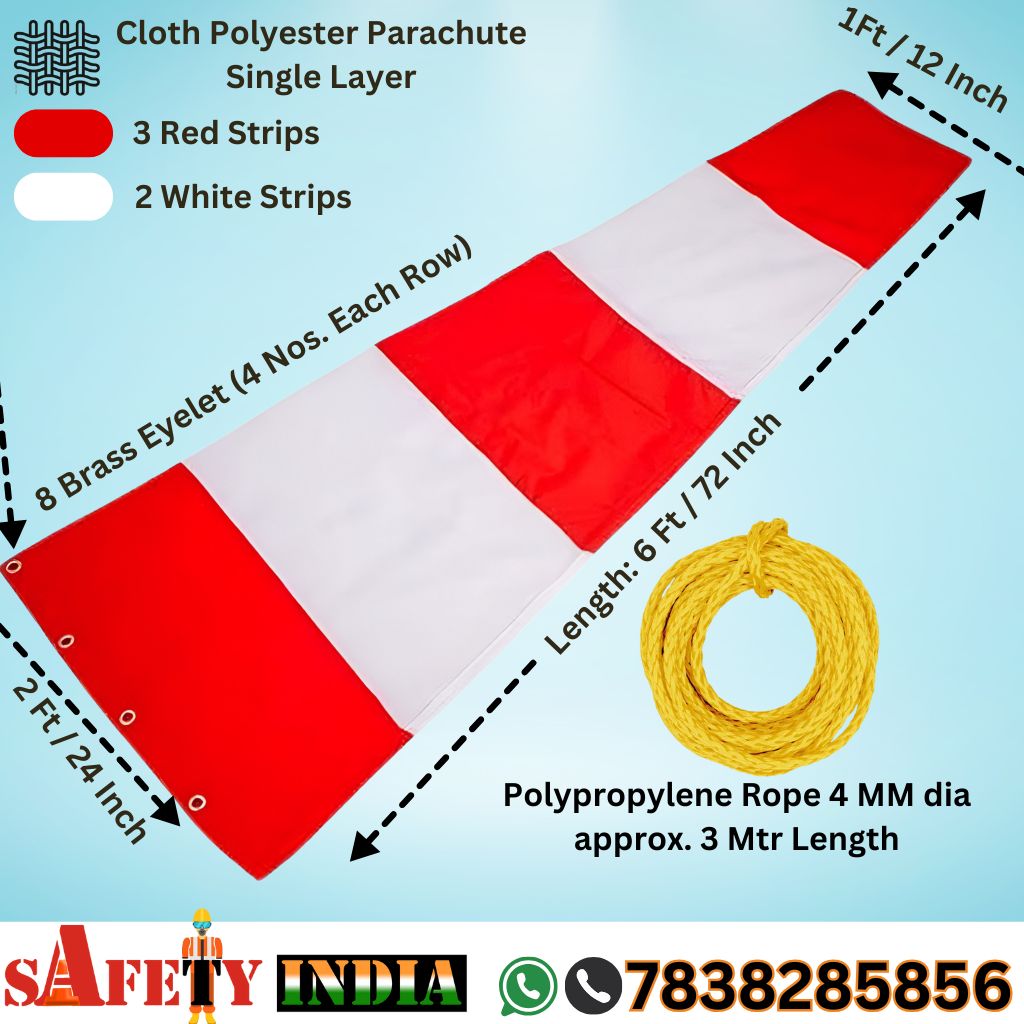 Windsock | Wind Direction Indicator by Safety India- Safety Shop, featuring polyester parachute cloth with 3 red strips, 2 white strips, 8 brass eyelets, and a polypropylene rope, measuring 6 feet long and 2 feet wide.