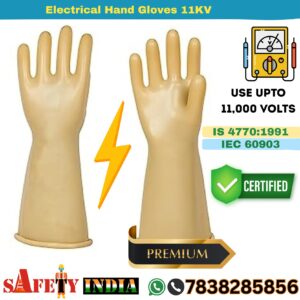 Close-up of red 11 KV Hand Gloves, showcasing their rubber insulating gloves texture and shock proof gloves design, ideal for electrical hand gloves 11KV and safety gloves for electrical work with protection up to 11,000 volts (11 kV).
