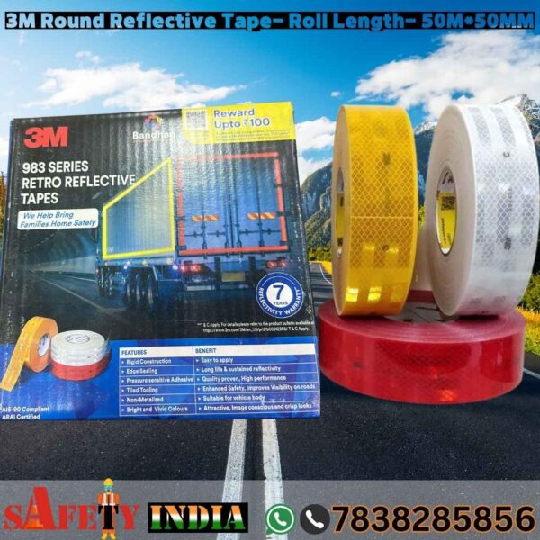 50-meter roll of 3M Reflective Tape in red, yellow, and white colors, showcasing its retro reflective properties for use on vehicles, bikes, boats, and clothing.