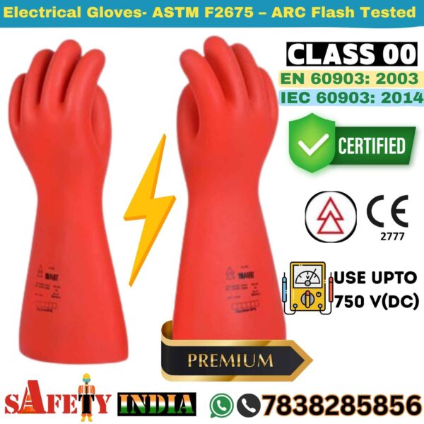 Close-up of red Electrical Rubber Gloves for Class 00 Electrical Gloves, showcasing their rubber insulating gloves texture and shock proof gloves design, ideal for electrical hand gloves 220V & 440V tasks with a maximum use voltage of 500V.