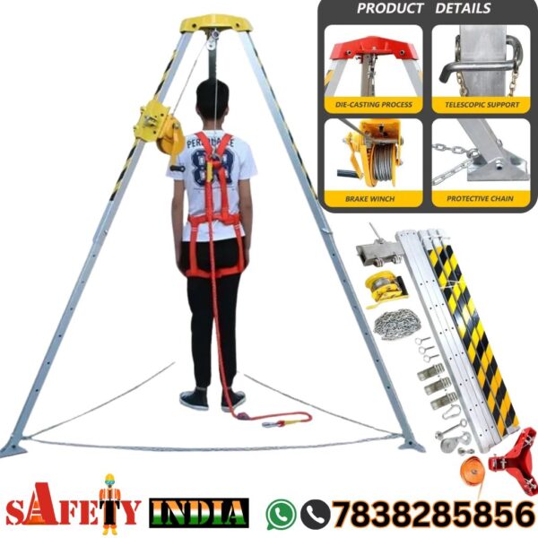 A detailed specification sheet of a Confined Space Tripod, also known as a Tripod Rescue System, showcasing its design, load capacity, weight, materials, and dynamic strength test details, with a diagram illustrating its adjustable height and components like telescopic legs, eye bolts, and cast head.