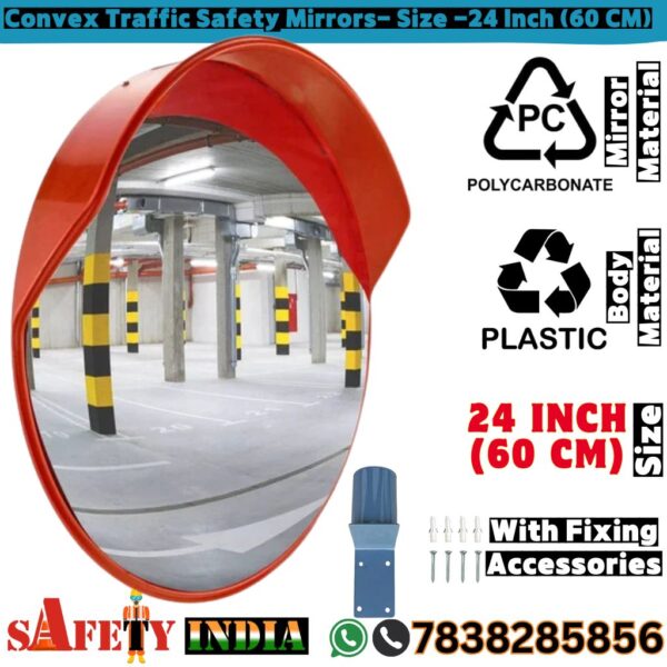 Bright orange convex mirror installed in a parking garage, reflecting concrete pillars and parking spaces for enhanced safety.