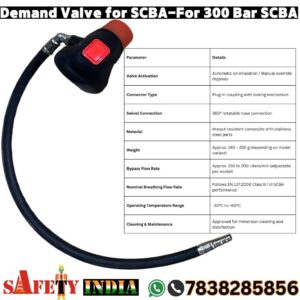Demand valve specification table for a Rechargeable Flameproof LED Safety Torch, detailing enclosure, protection, area classification, surface temperature, certification, special instructions, type, and material.