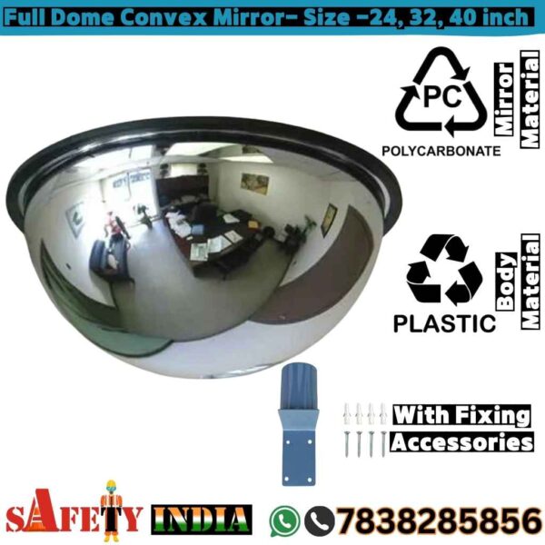 Dome Mirrors, silver full dome safety mirror installed in a warehouse, reflecting the ceiling and surrounding area for enhanced safety and visibility.