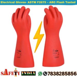 Close-up of red Electrical Gloves Class 00, 0, 1, 2, 3 & 4, showcasing their rubber insulating gloves texture and shock proof gloves design, certified to IEC 60903, EN 60903, CE Category III, IS 4770:1991, and ASTM F2675 for electrical safety gloves up to 36,000V-