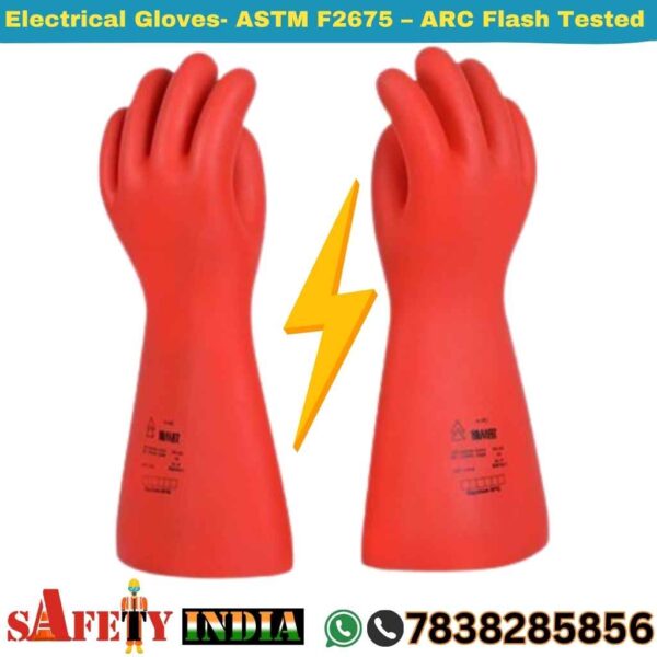 Close-up of red Electrical Gloves Class 00, 0, 1, 2, 3 & 4, showcasing their rubber insulating gloves texture and shock proof gloves design, certified to IEC 60903, EN 60903, CE Category III, IS 4770:1991, and ASTM F2675 for electrical safety gloves up to 36,000V-
